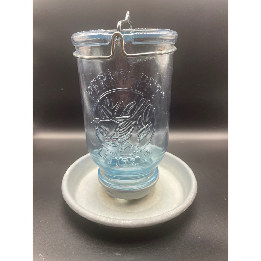 Perky-Pet Blue Glass Bird Waterer Hanging Feeder Galvanized Metal Base Lititz PA